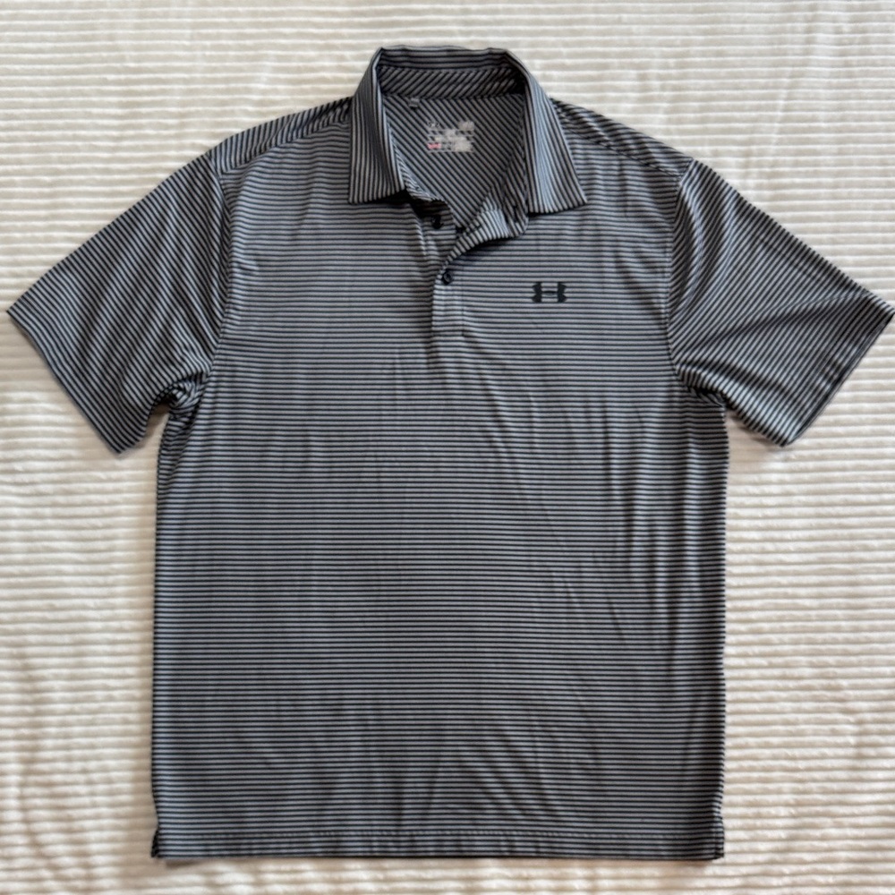 Under Armour Black Grey Stripes Polo Short Sleeve Large Loose HeatGear